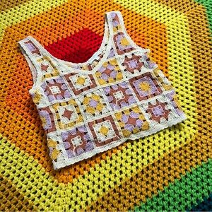 Rebellion Again Orange Yellow Purple Colorful Crochet V-Neck Sweater Vest